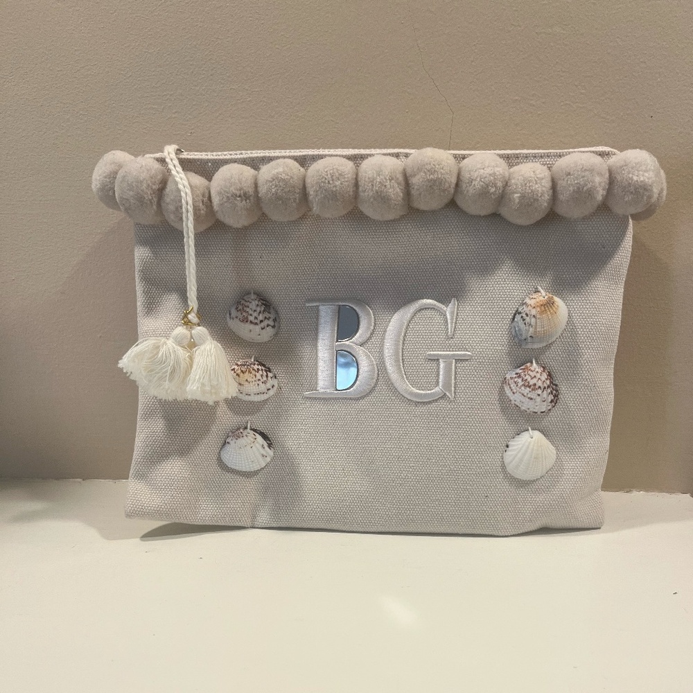 Bergdorf Goodman Beachy Keen Beige Pom Pom & Seashells Cotton Bag